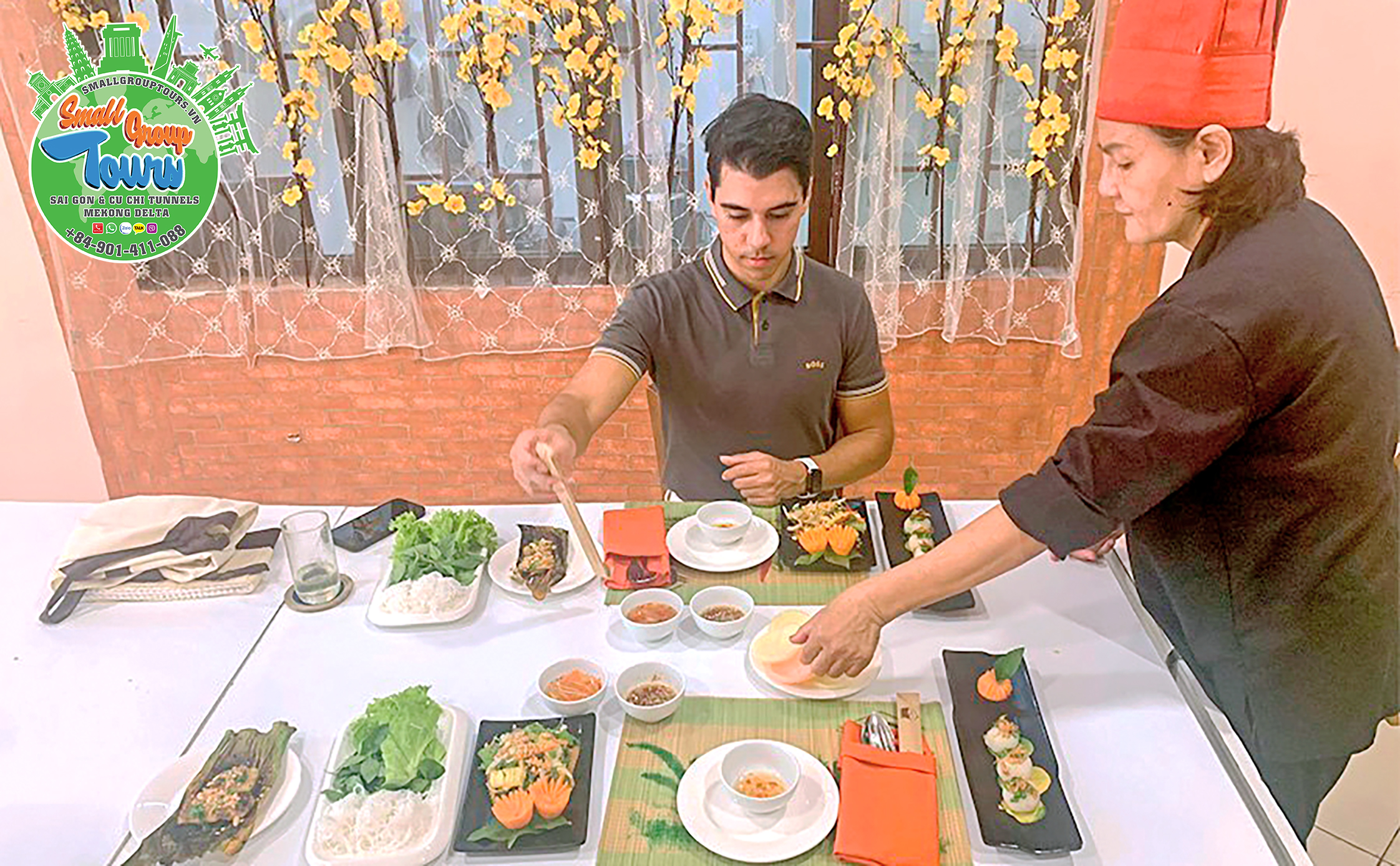 An enthusiastic man delves into culinary education, learning the art of creating the perfect dipping sauce for fresh spring rolls.